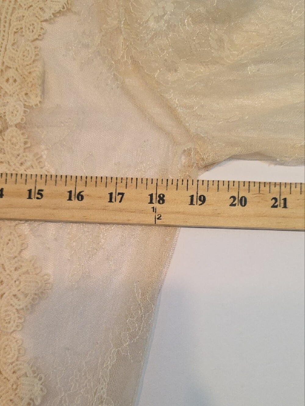 A.Peach Sheer Lace Blouse Top L Cream Mock Neck Balloon Sleeve Romantic Boho - Picture 10 of 12